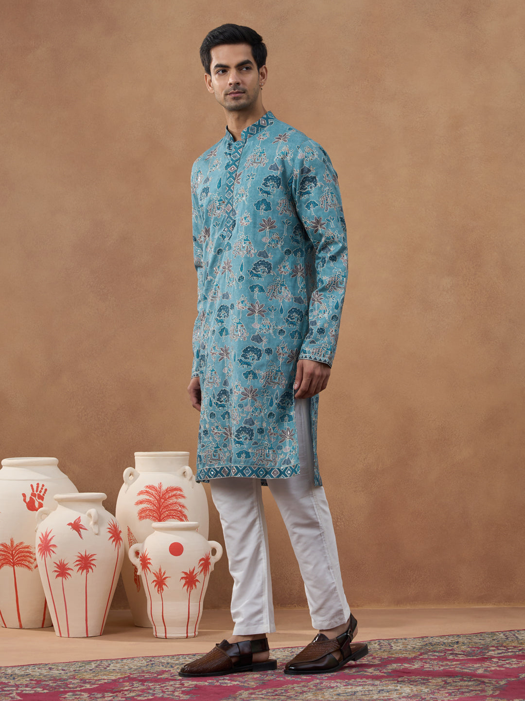 Teal Printed Cotton Kurta Set