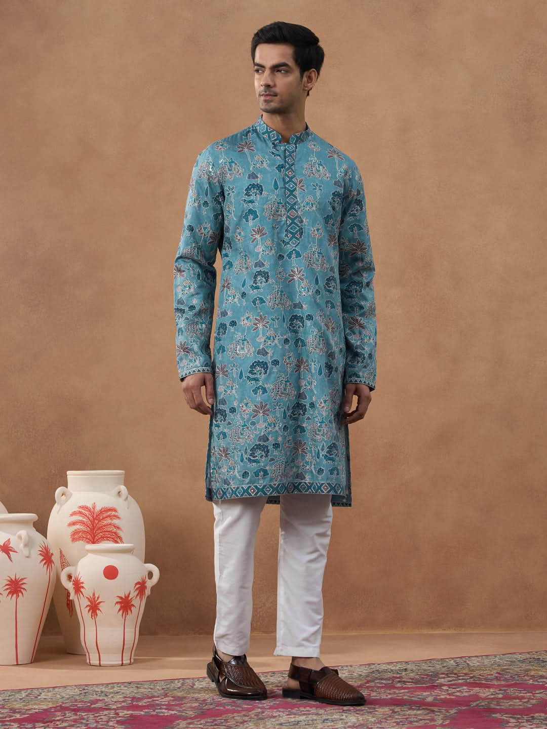 Teal Printed Cotton Kurta Set