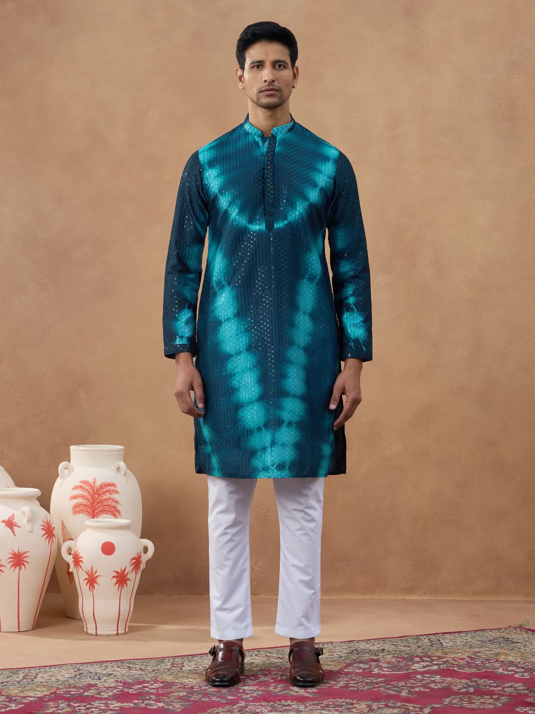 Teal Ombre Patterned Sequin Kurta Set