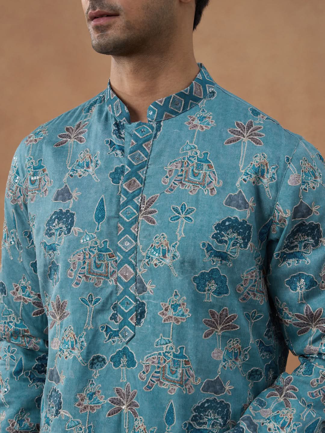 Teal Printed Cotton Kurta Set