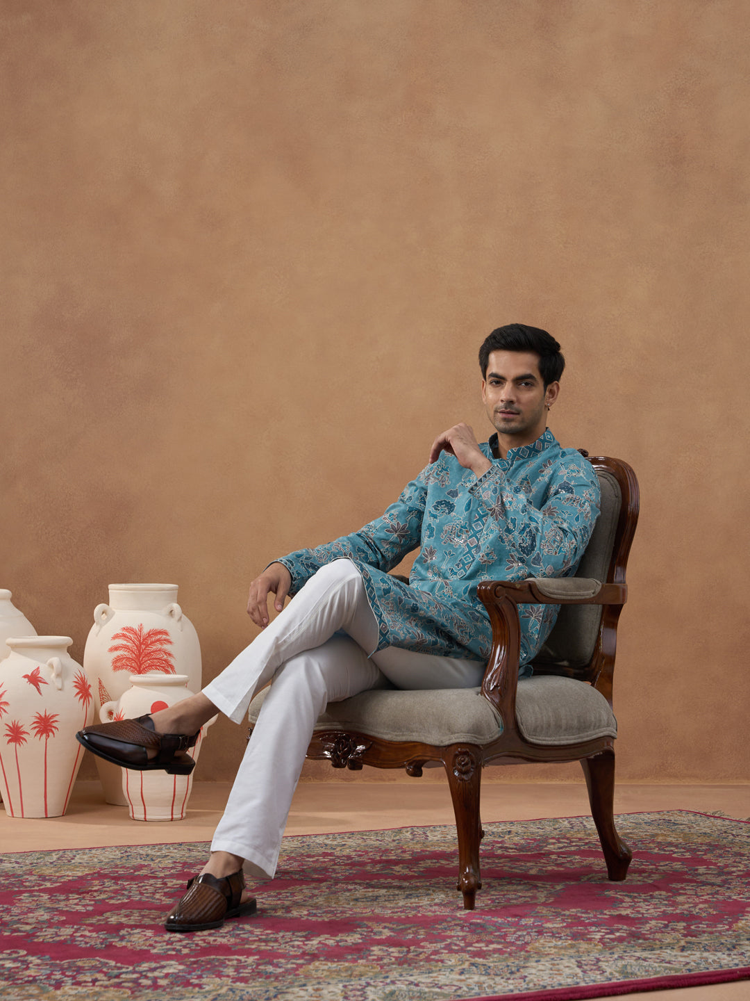 Teal Printed Cotton Kurta Set