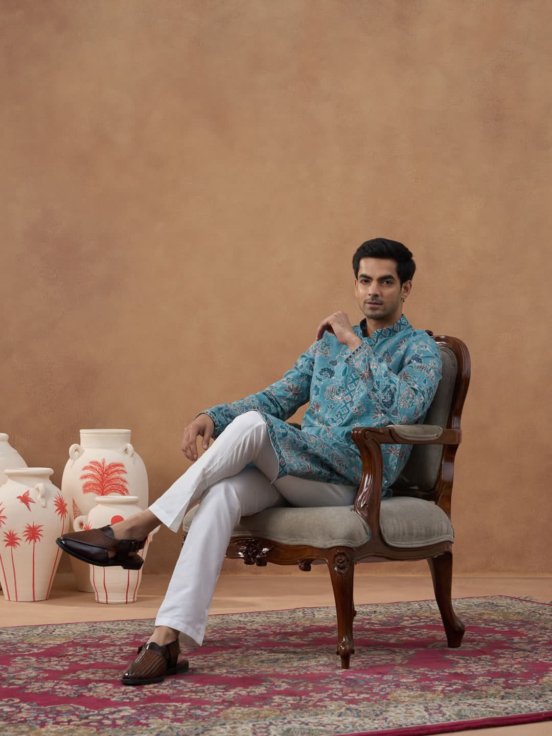 Teal Printed Cotton Kurta Set