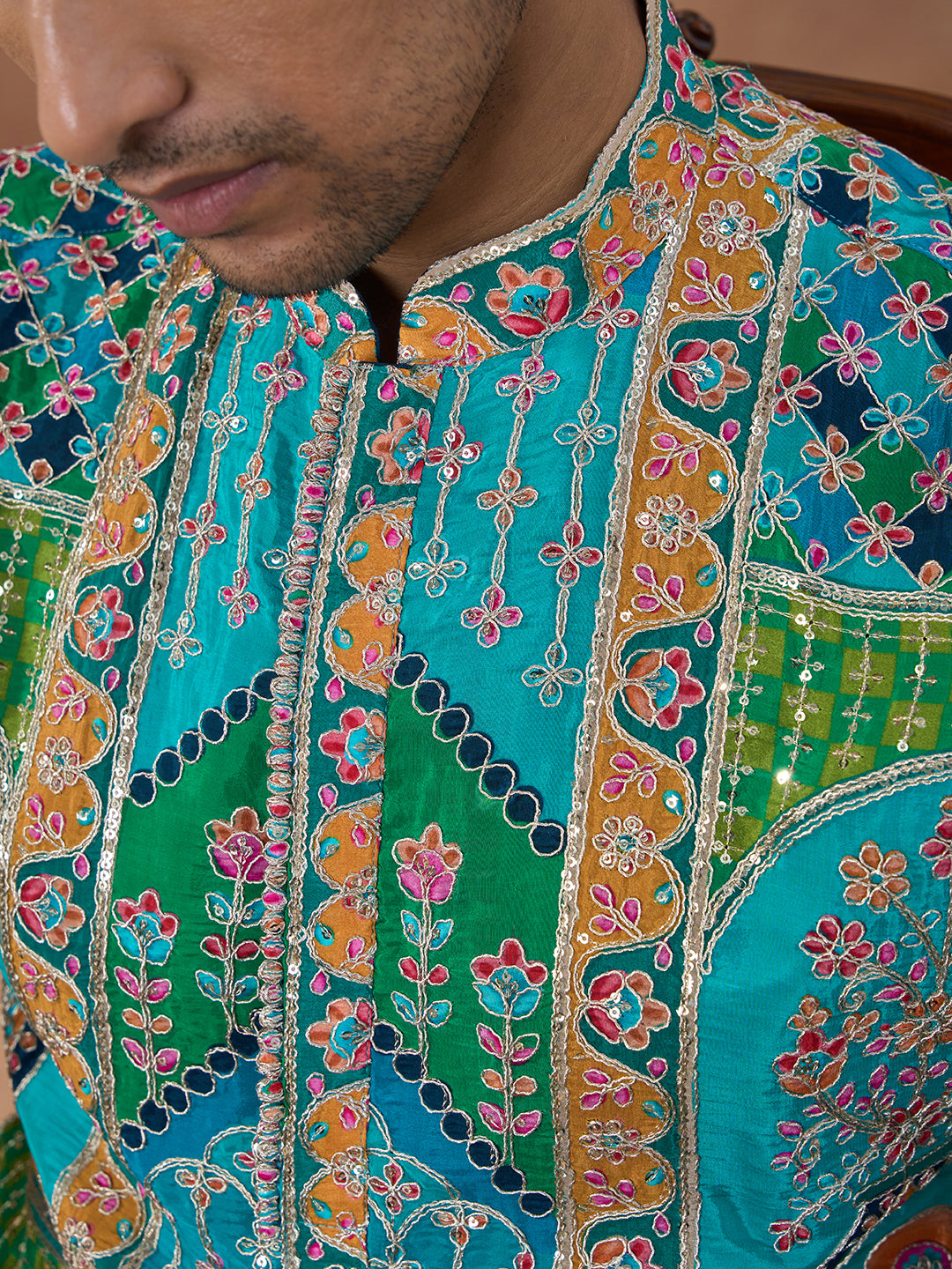 Teal Multi-Color Printed Festive Kurta Set
