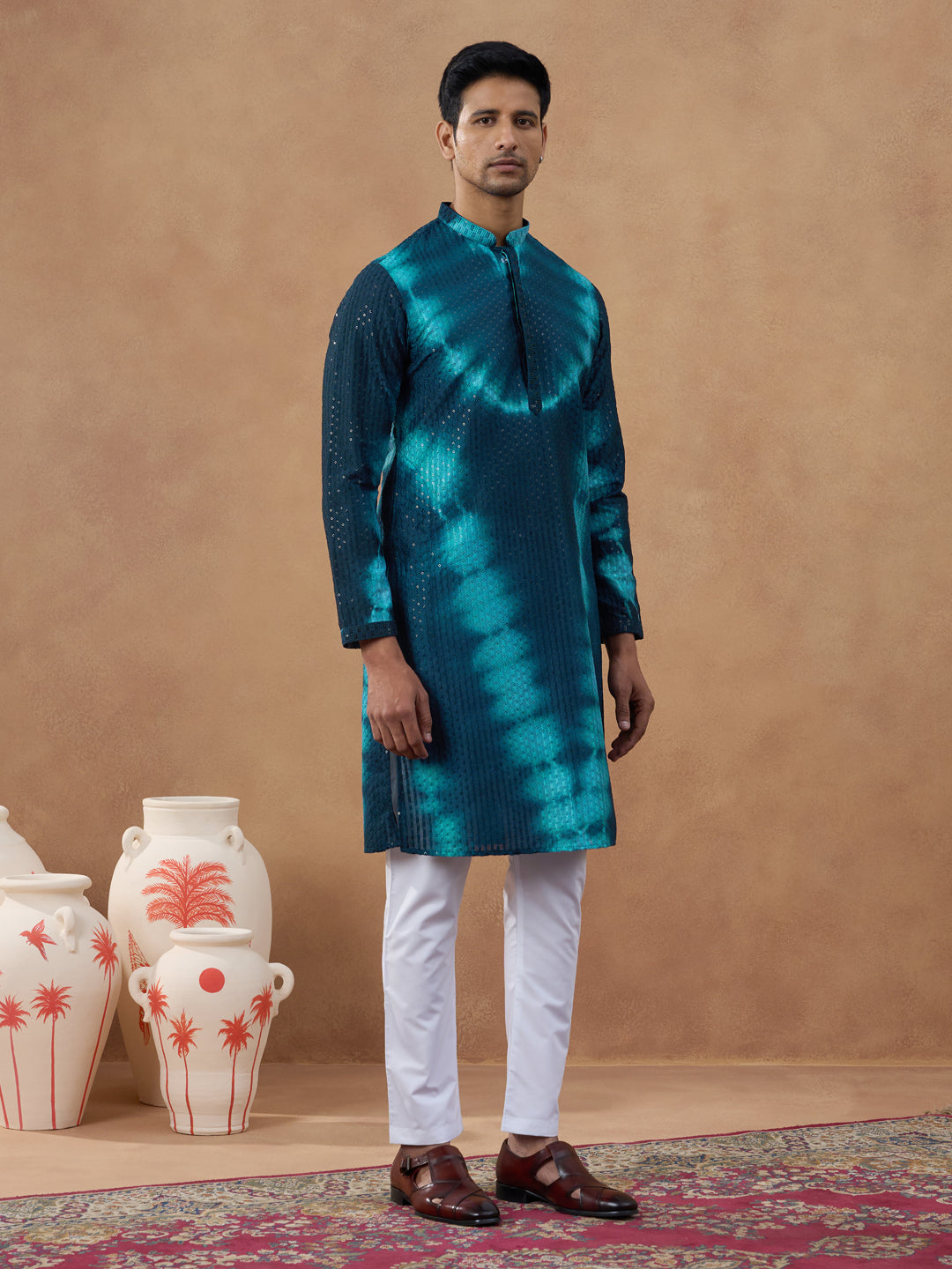 Teal Ombre Patterned Sequin Kurta Set