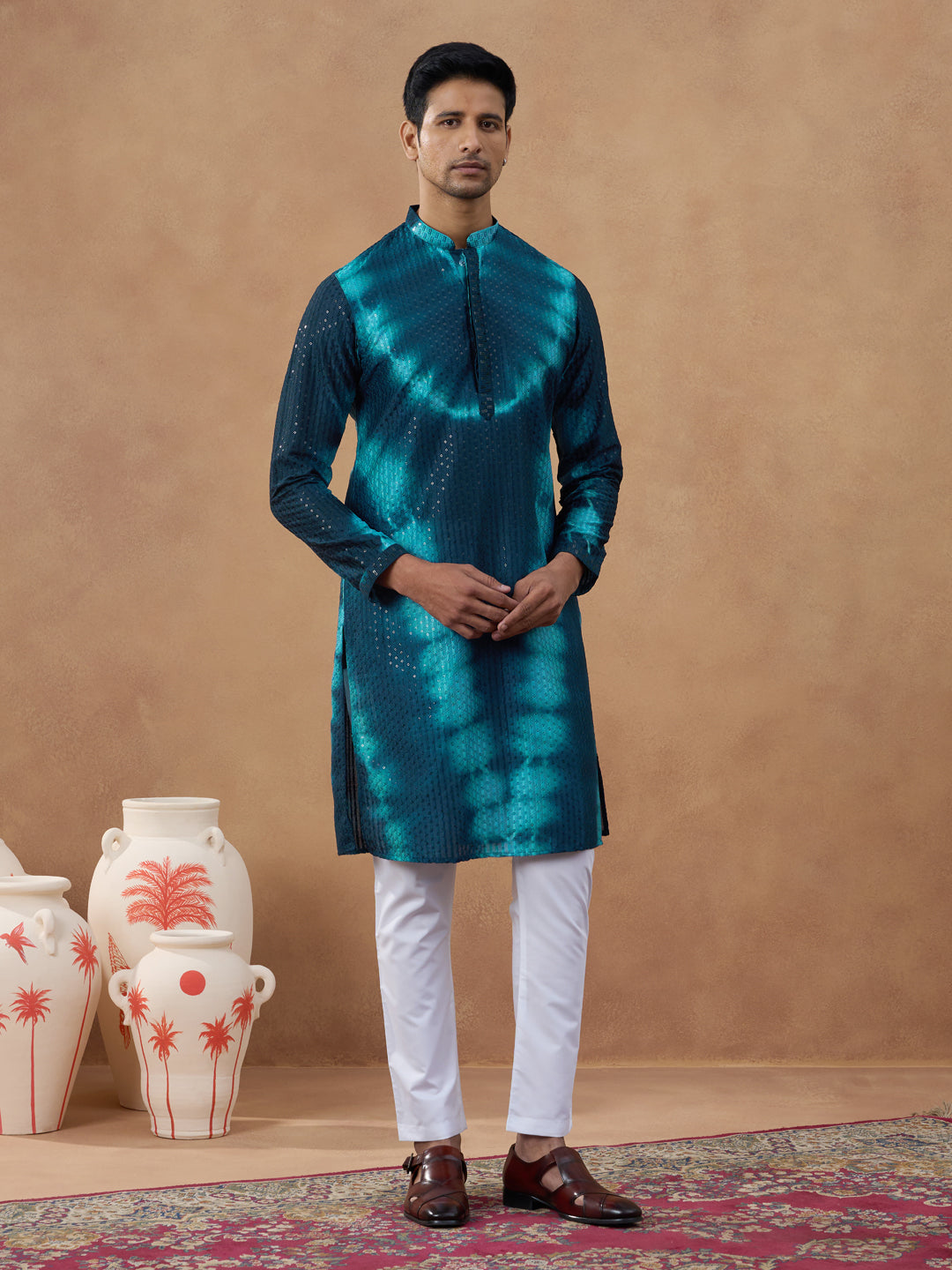 Teal Ombre Patterned Sequin Kurta Set