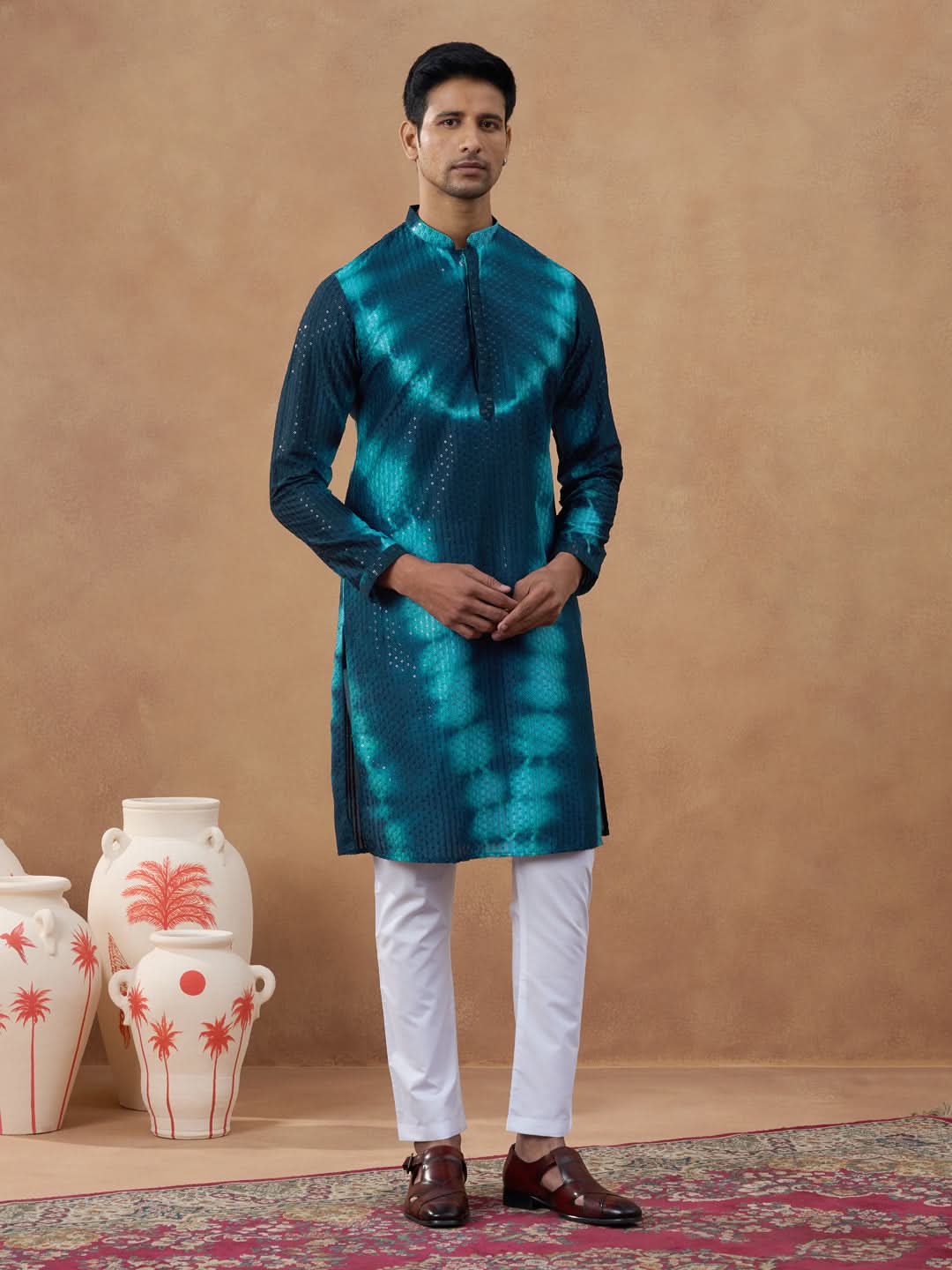Teal Ombre Patterned Sequin Kurta Set