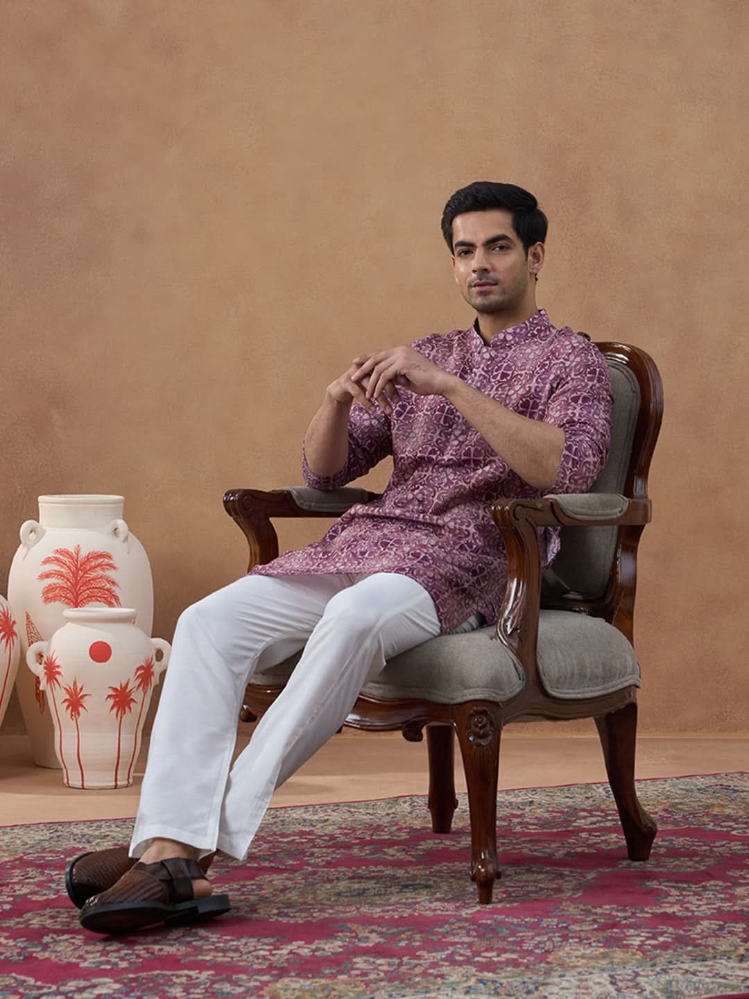 Wine Purple Heritage Motif Printed Kurta Set