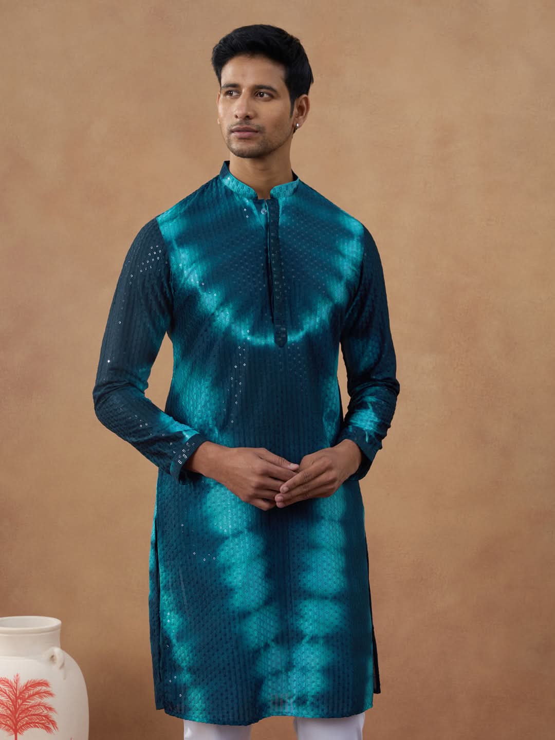 Teal Ombre Patterned Sequin Kurta Set
