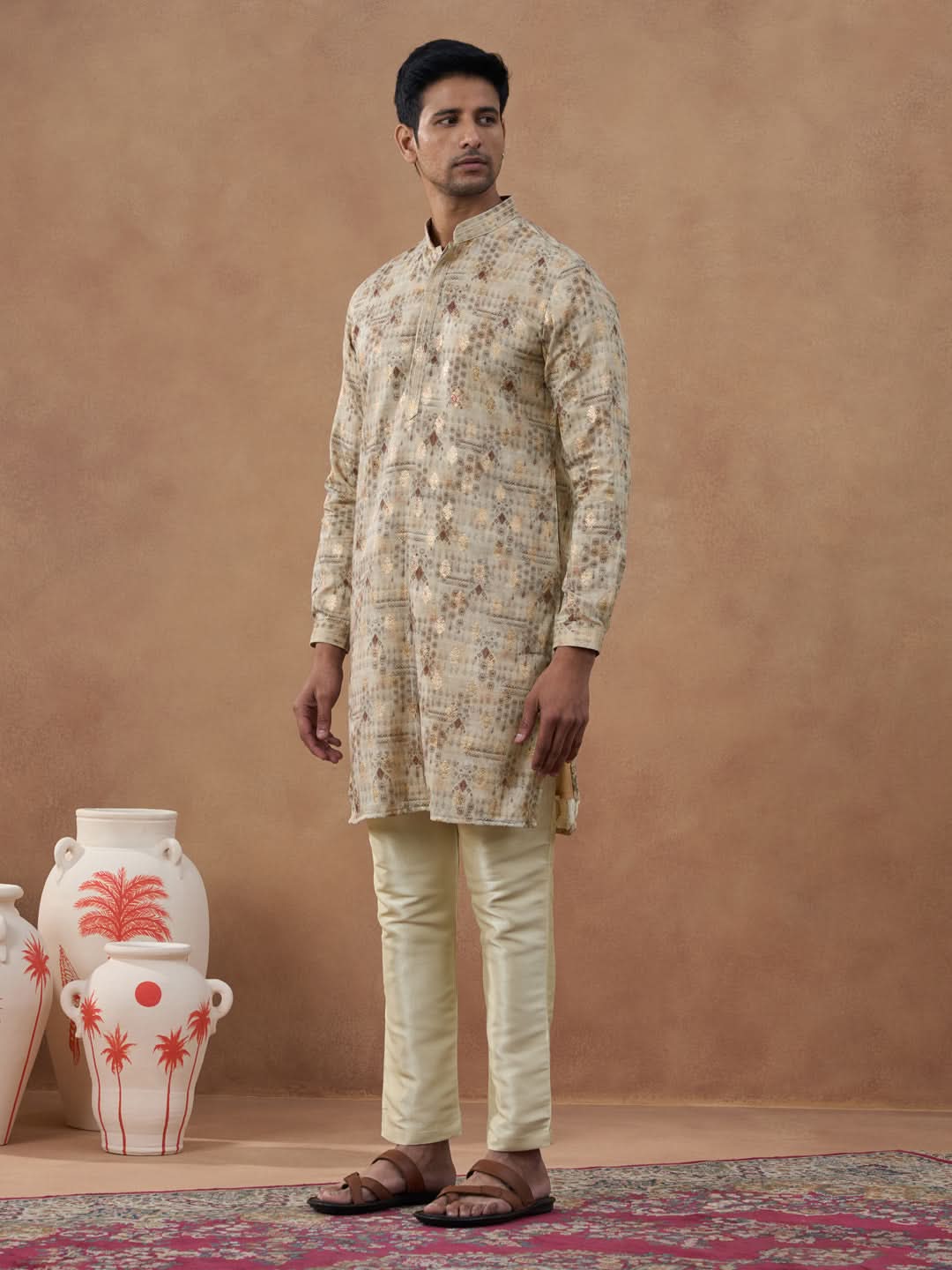 Beige Kurta Set with Subtle Gold Detailing