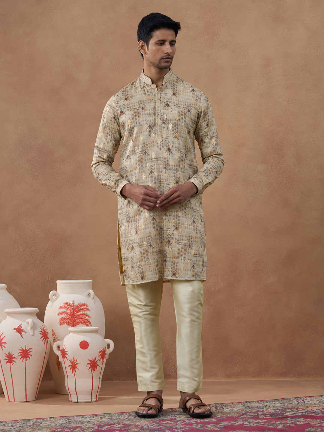 Beige Kurta Set with Subtle Gold Detailing