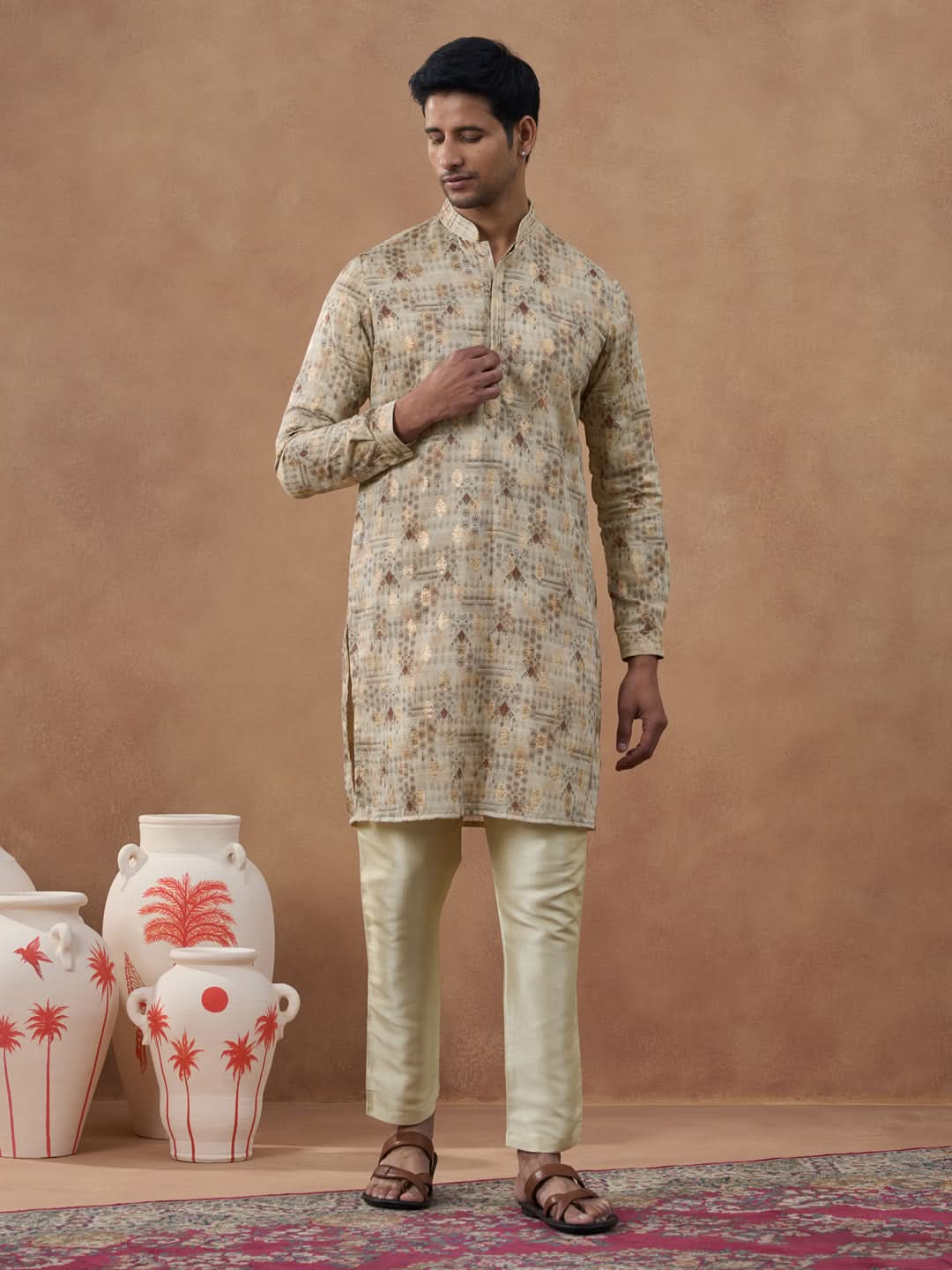 Beige Kurta Set with Subtle Gold Detailing