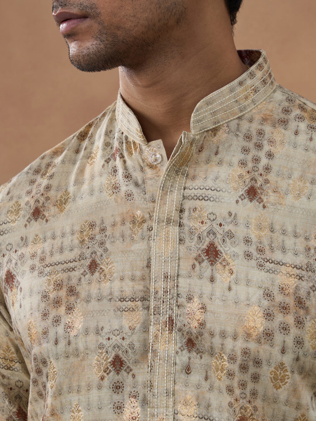 Beige Kurta Set with Subtle Gold Detailing
