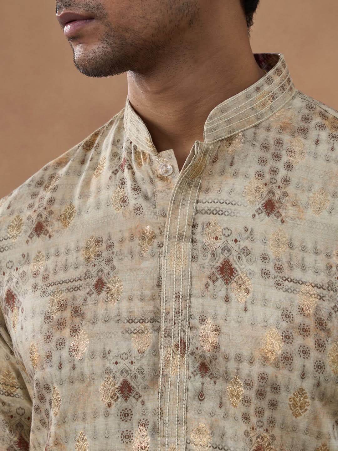 Beige Kurta Set with Subtle Gold Detailing