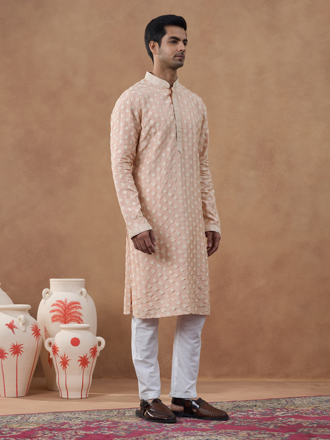 Peach Self Embroidered Kurta Set