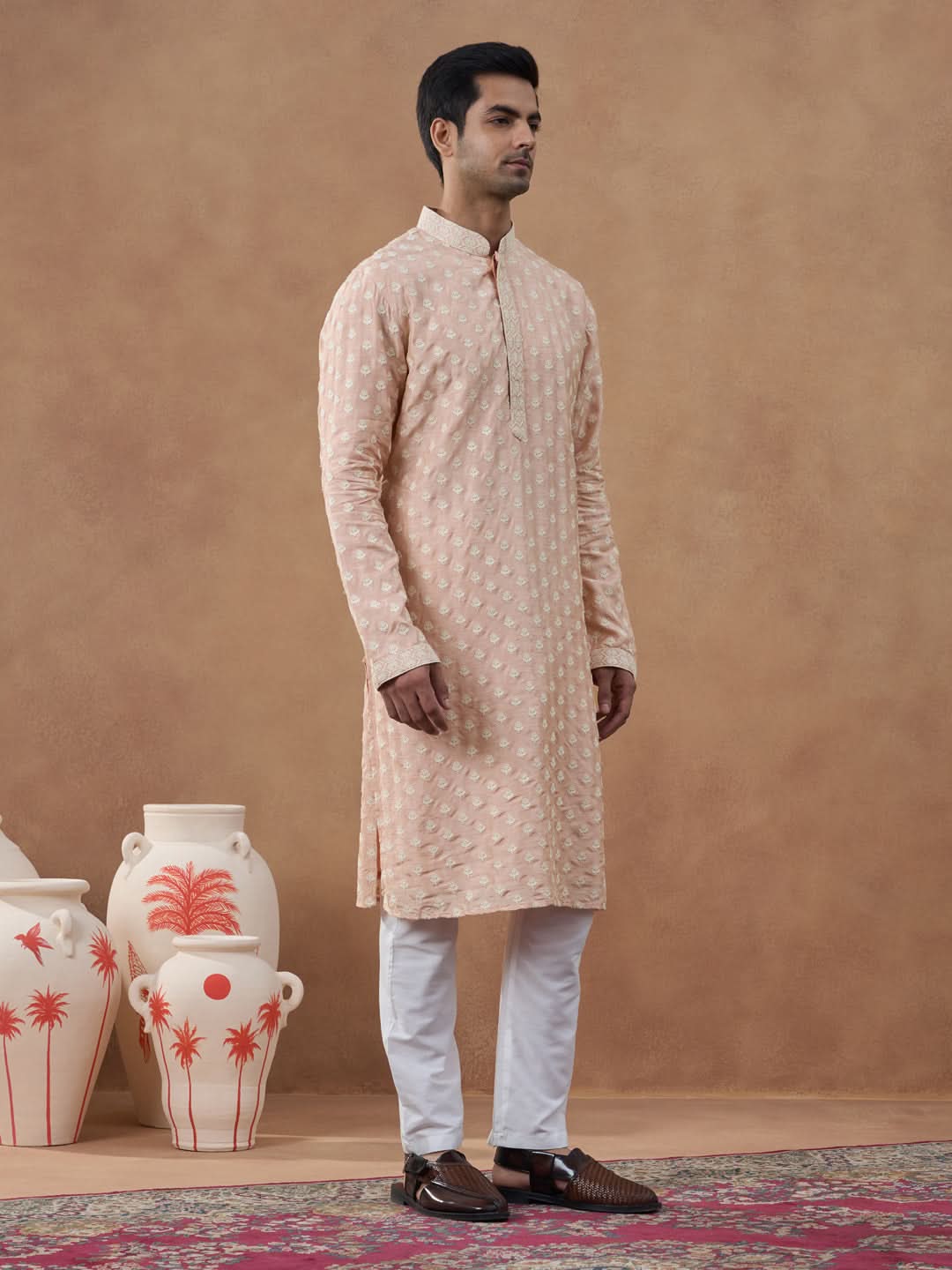 Peach Self Embroidered Kurta Set