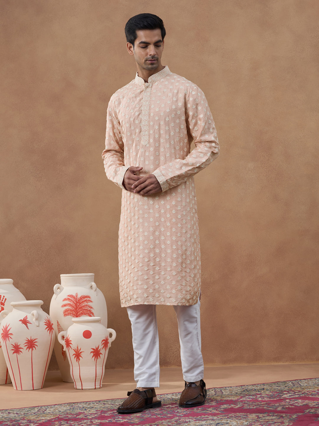 Peach Self Embroidered Kurta Set