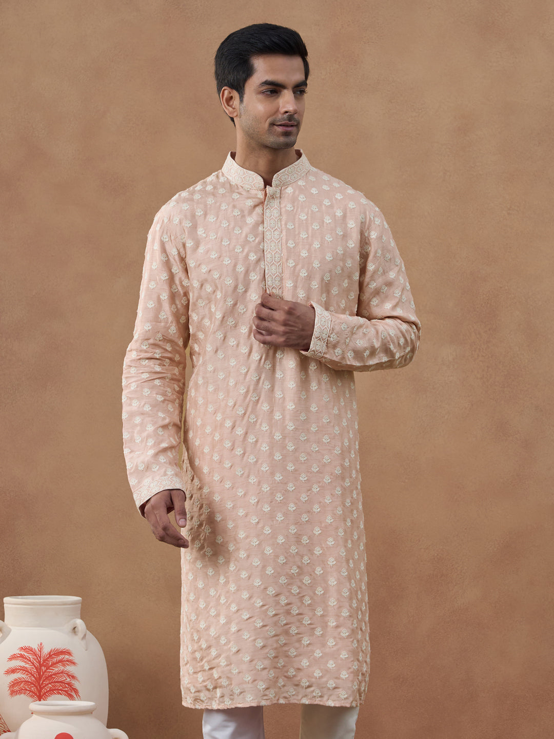 Peach Self Embroidered Kurta Set
