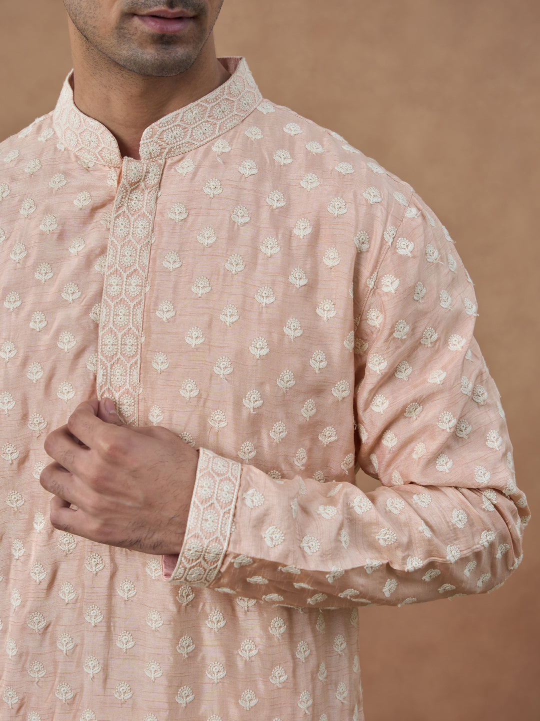 Peach Self Embroidered Kurta Set
