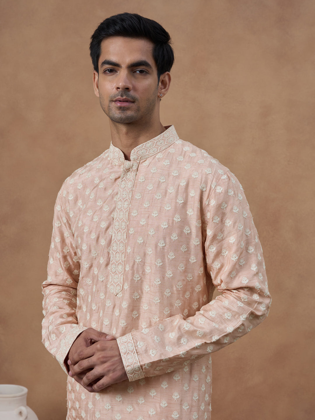 Peach Self Embroidered Kurta Set