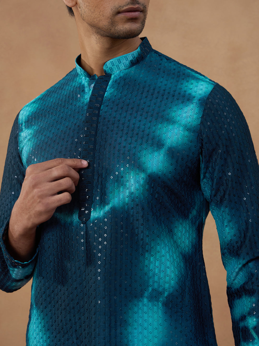 Teal Ombre Patterned Sequin Kurta Set