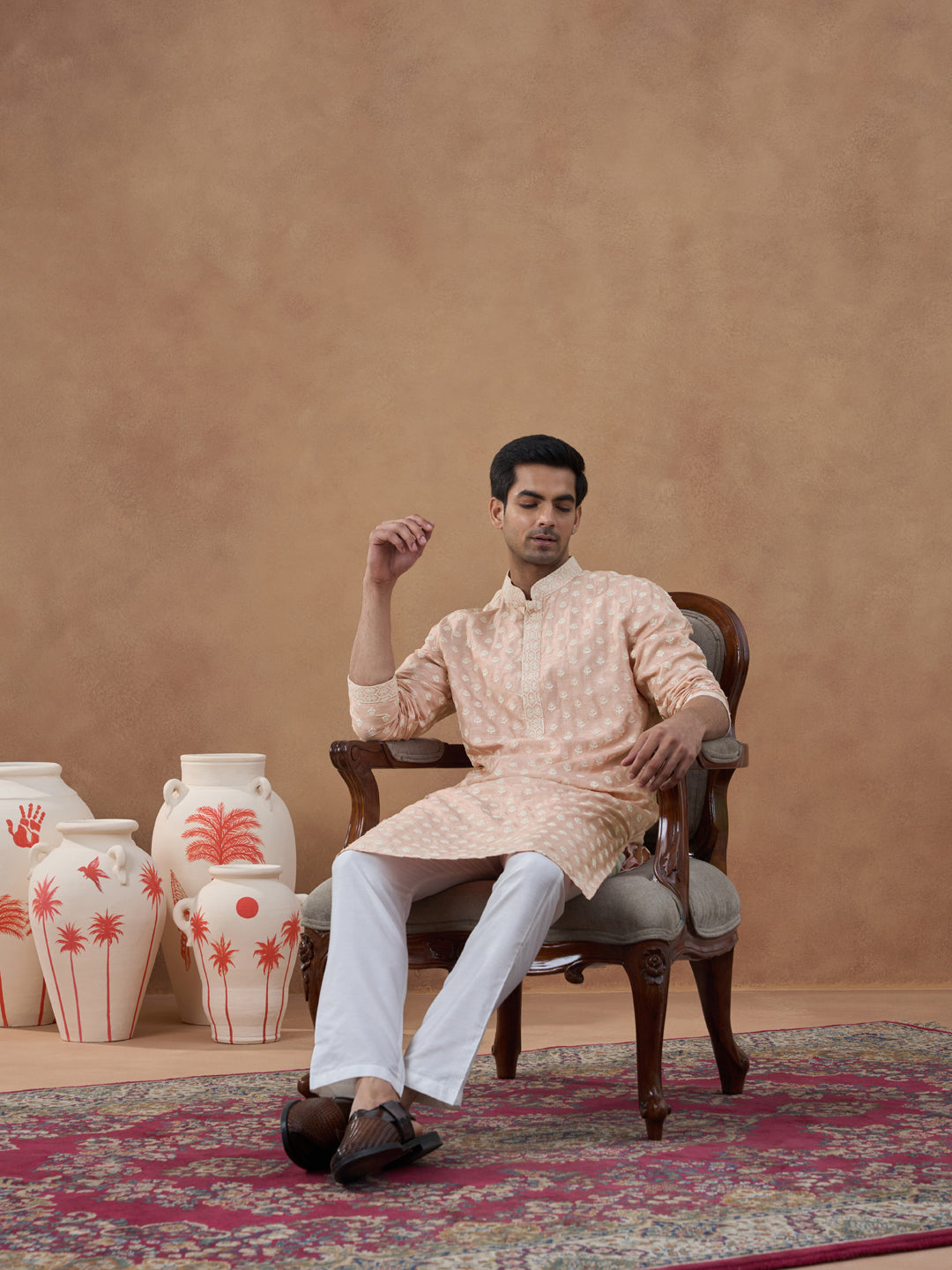 Peach Self Embroidered Kurta Set