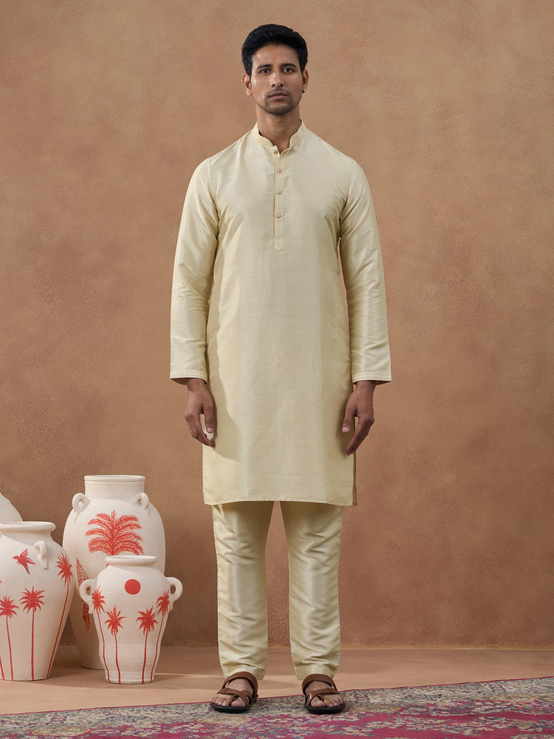 Beige Kantha Design Bundi With Kurta Set