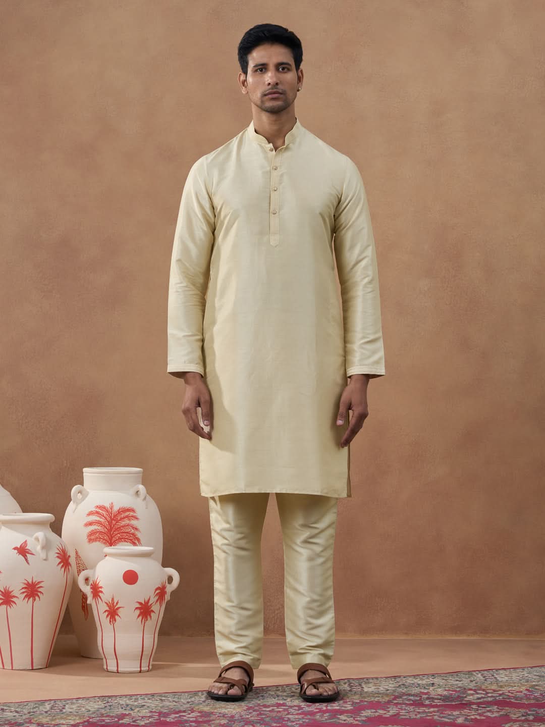 Beige Kantha Design Bundi With Kurta Set