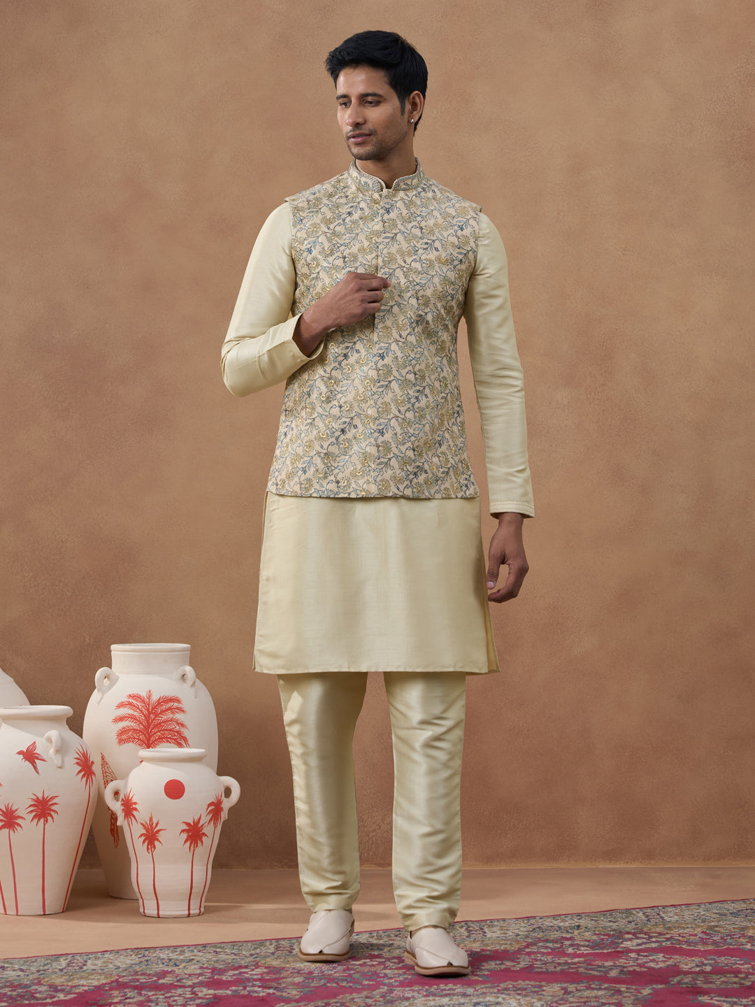Beige Kantha Design Bundi With Kurta Set