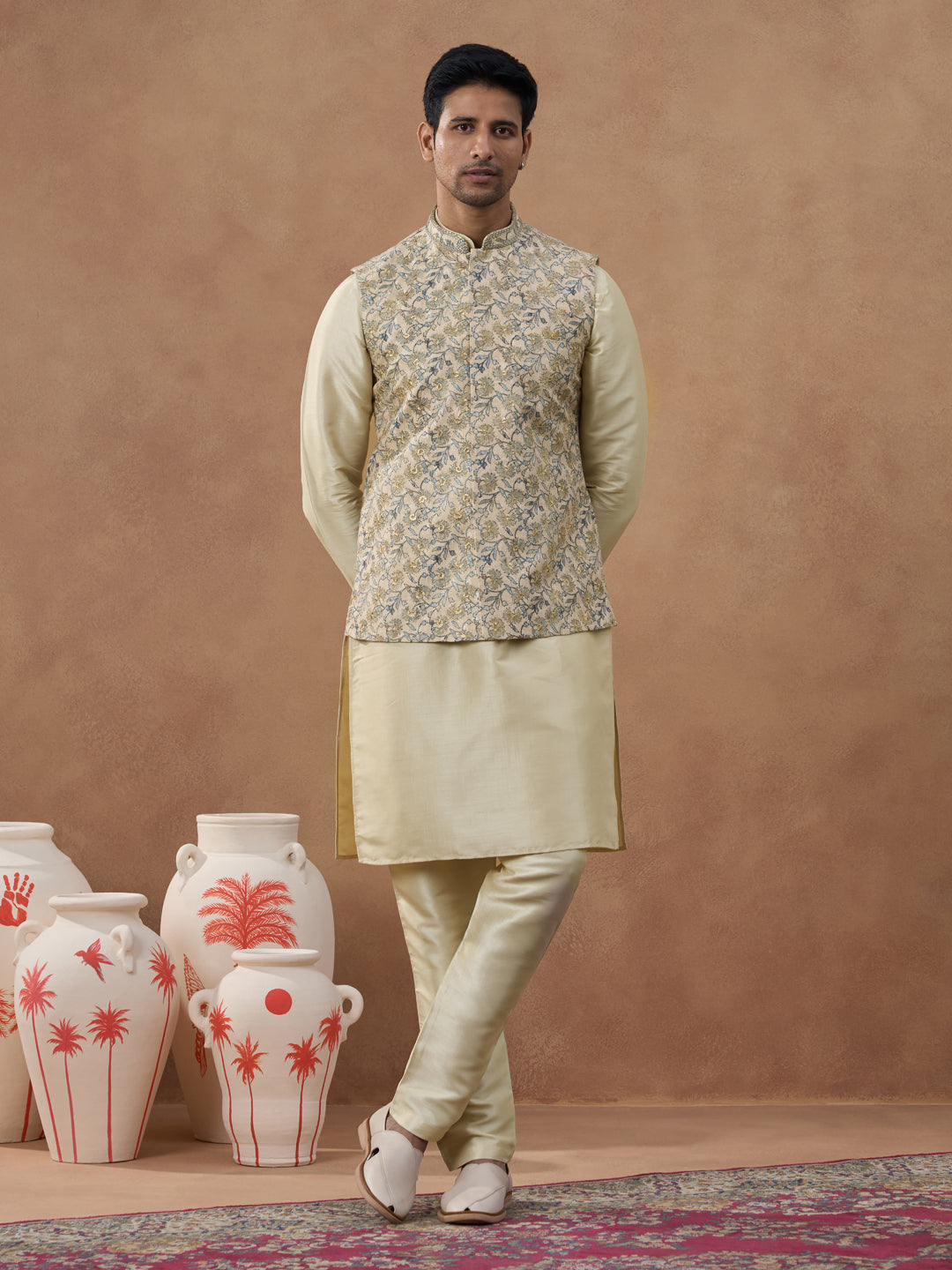 Beige Kantha Design Bundi With Kurta Set