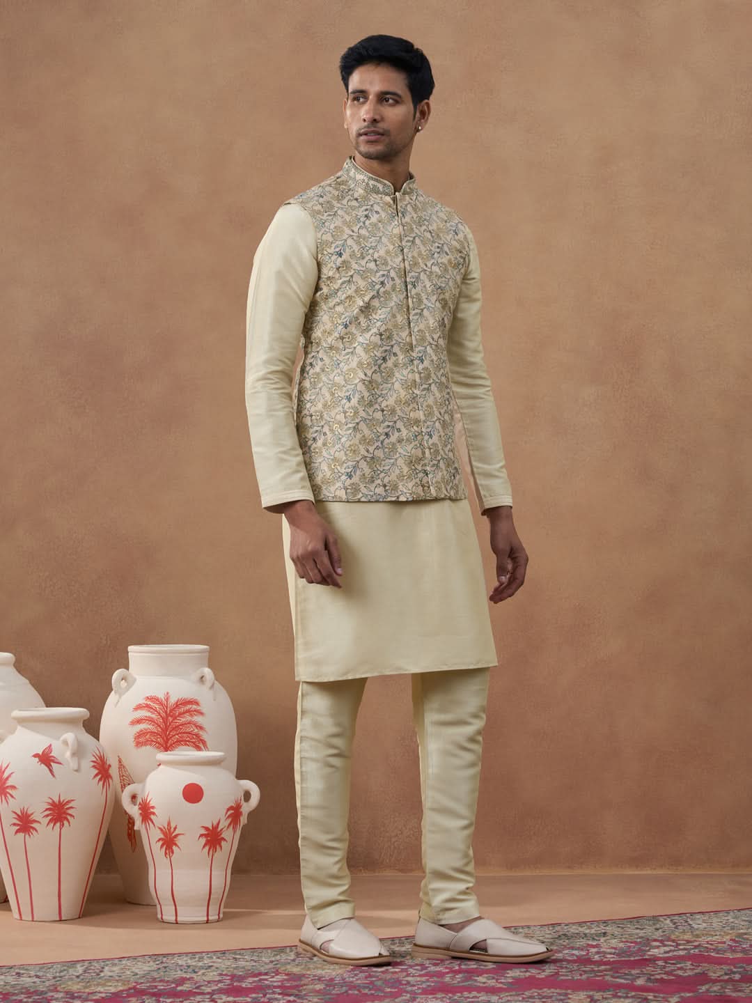 Beige Kantha Design Bundi With Kurta Set