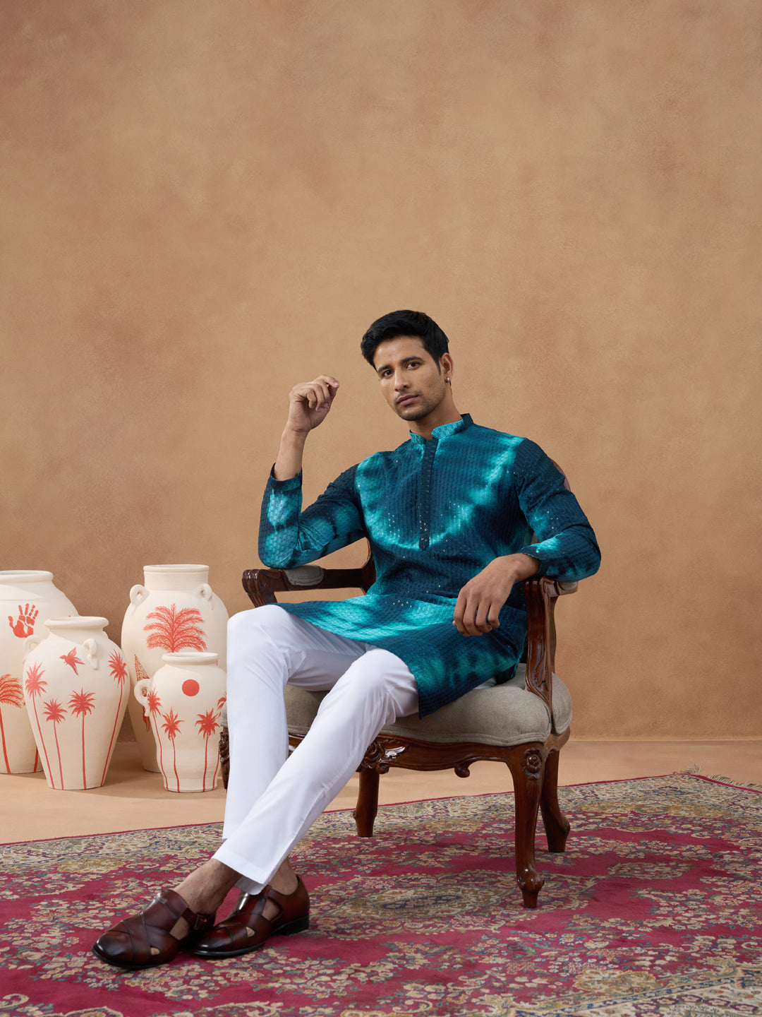 Teal Ombre Patterned Sequin Kurta Set