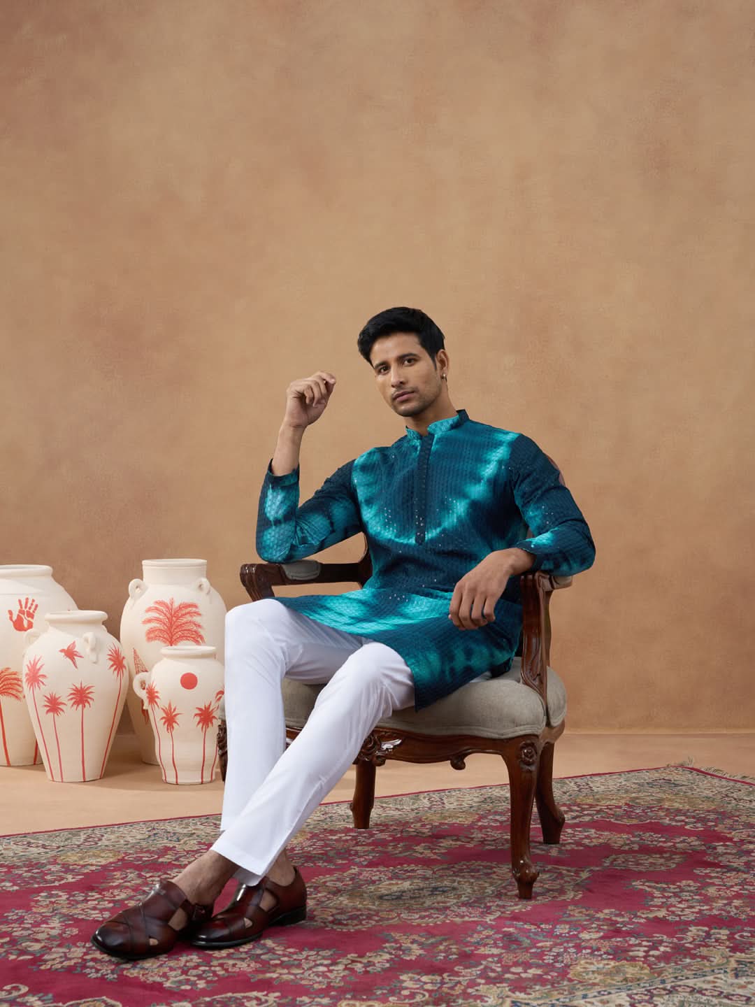 Teal Ombre Patterned Sequin Kurta Set