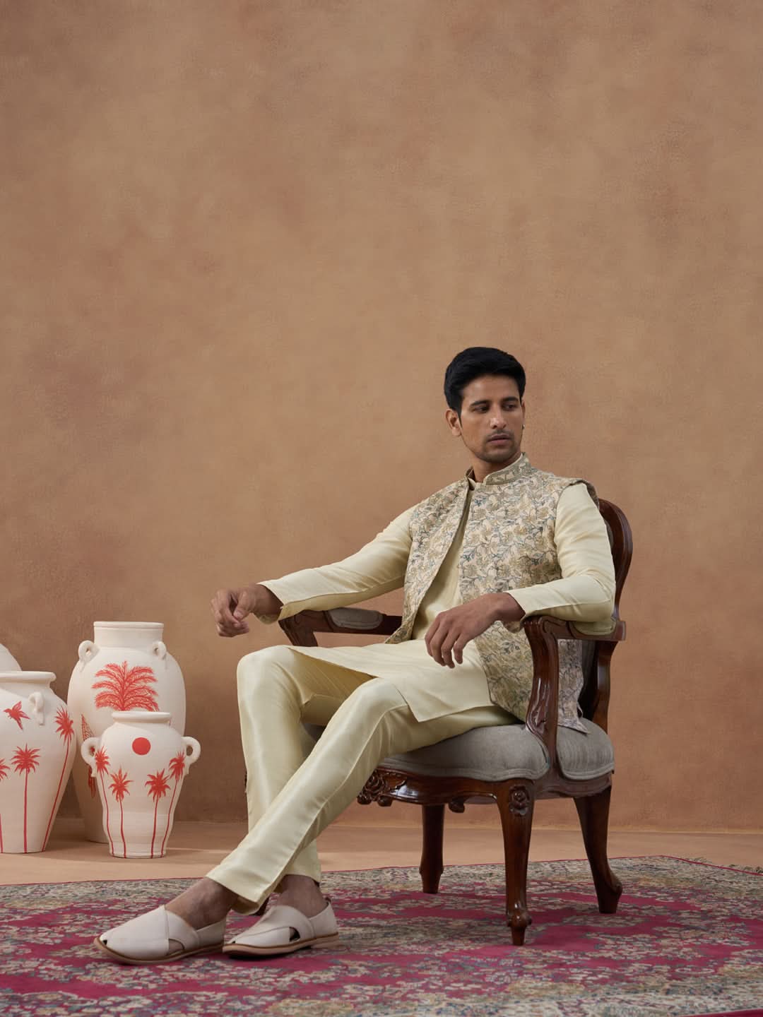 Beige Kantha Design Bundi With Kurta Set