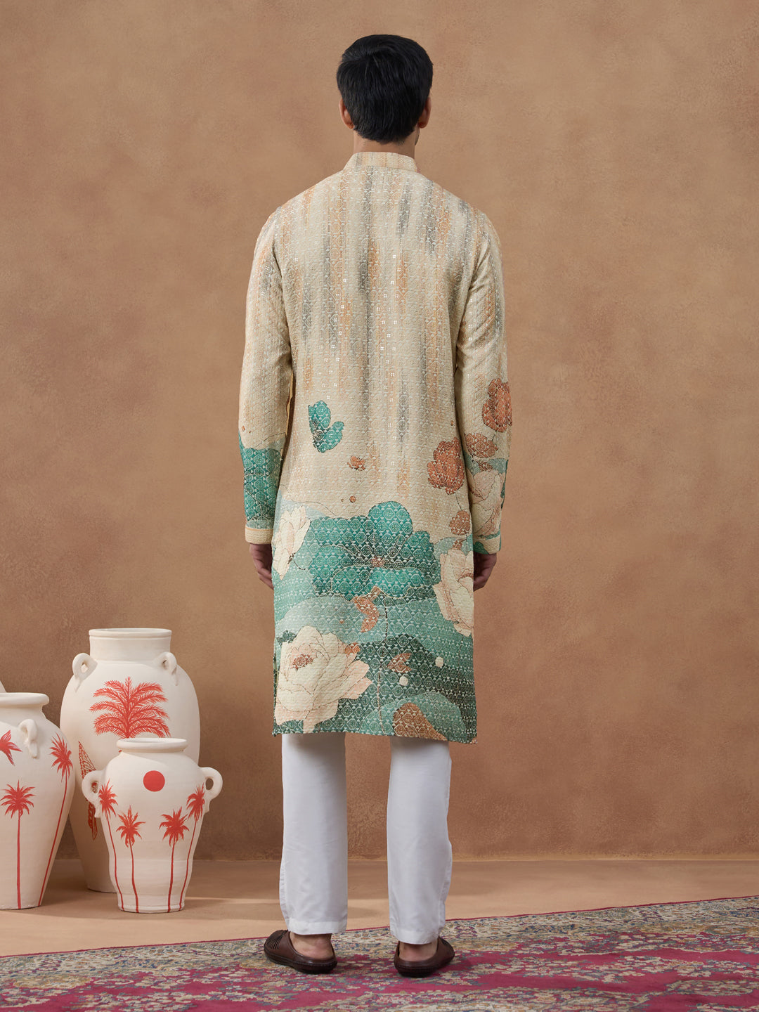 Cream Floral Printed Chikankari Kurta Set