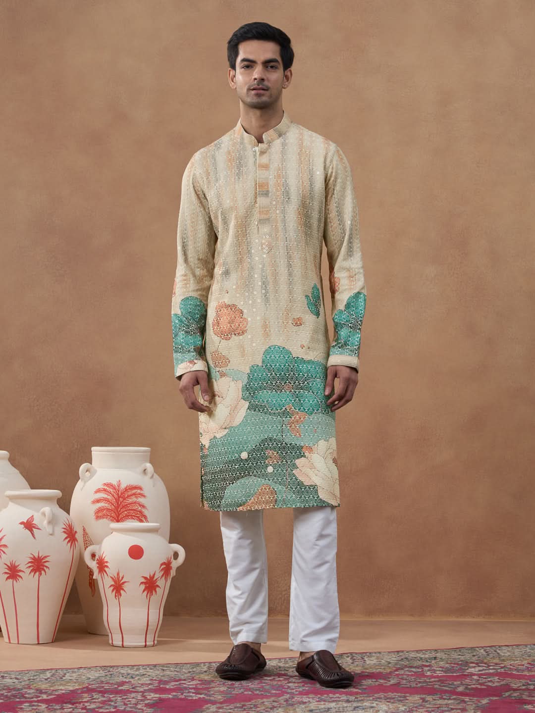 Cream Floral Printed Chikankari Kurta Set
