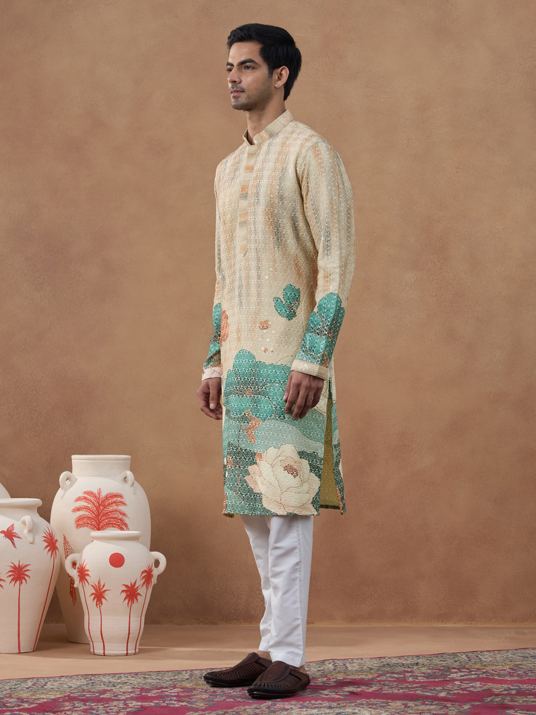 Cream Floral Printed Chikankari Kurta Set