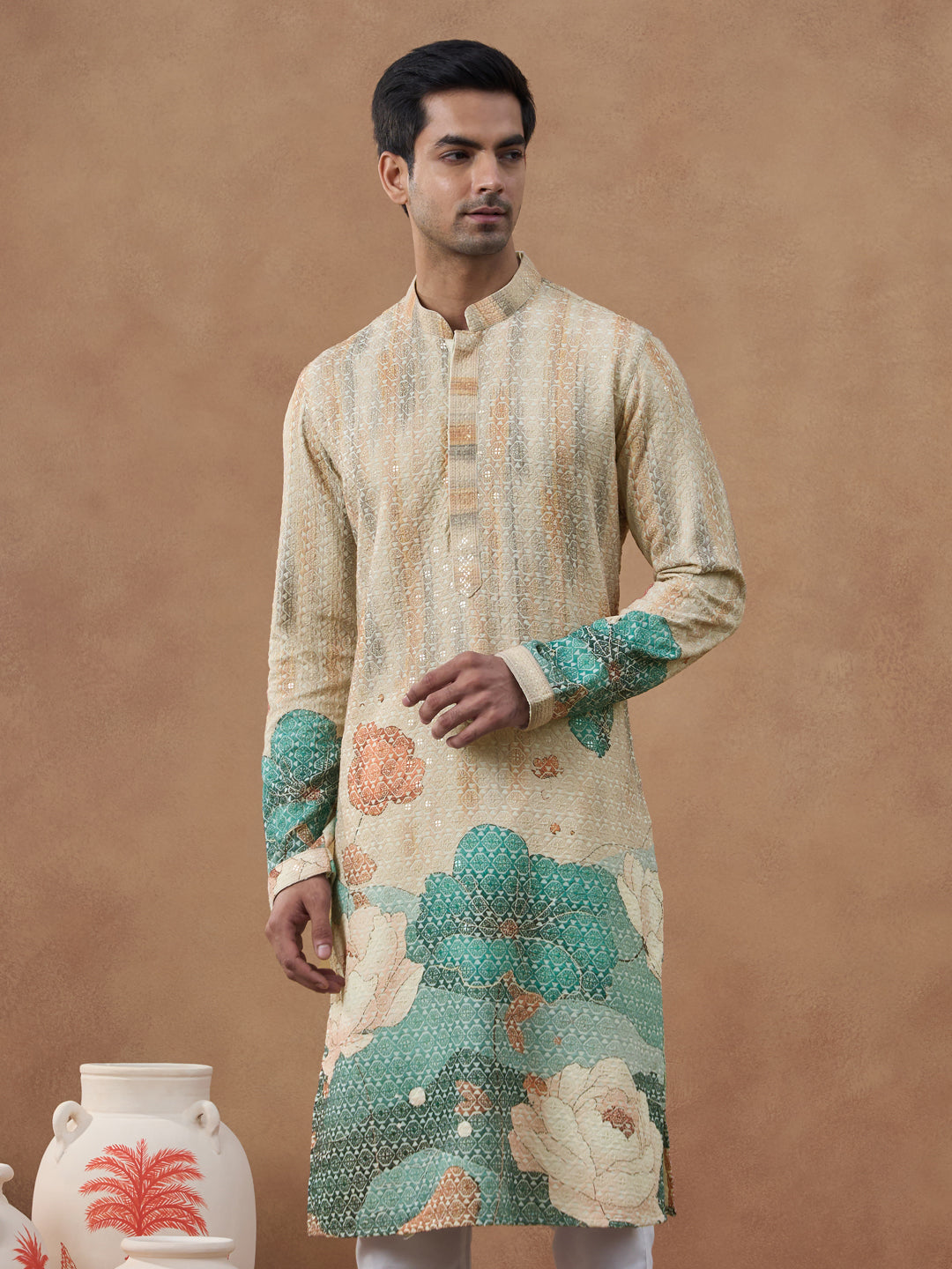 Cream Floral Printed Chikankari Kurta Set