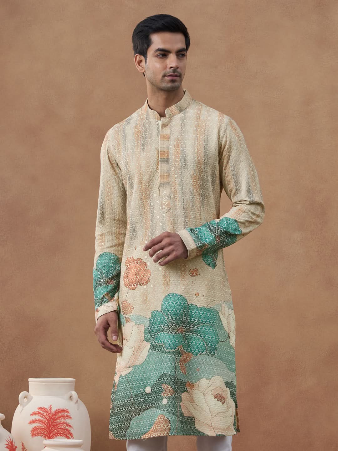 Cream Floral Printed Chikankari Kurta Set