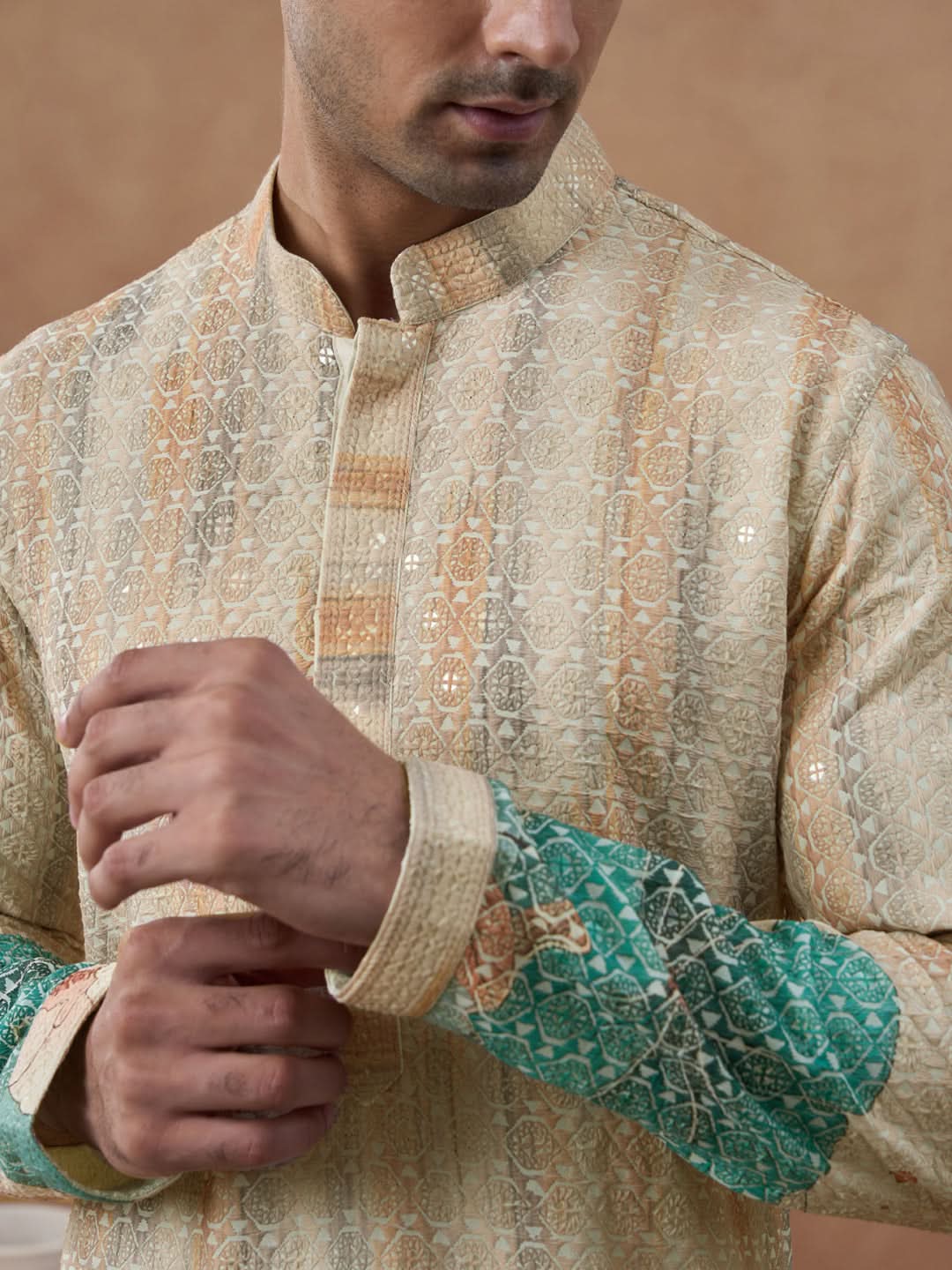 Cream Floral Printed Chikankari Kurta Set