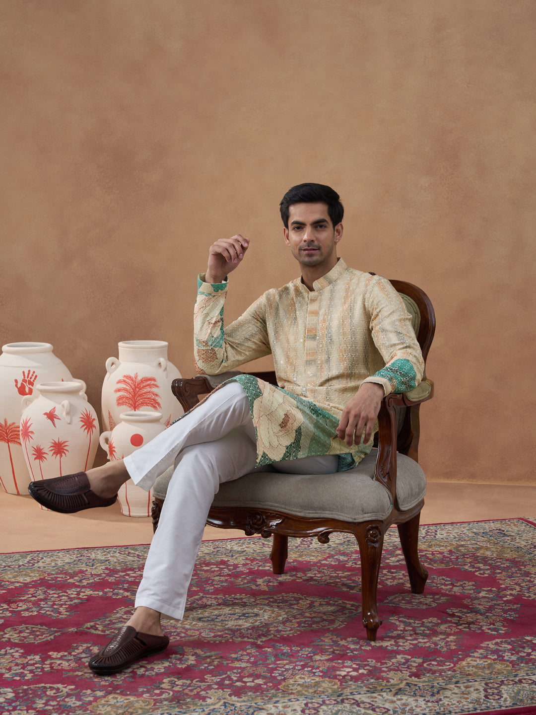 Cream Floral Printed Chikankari Kurta Set