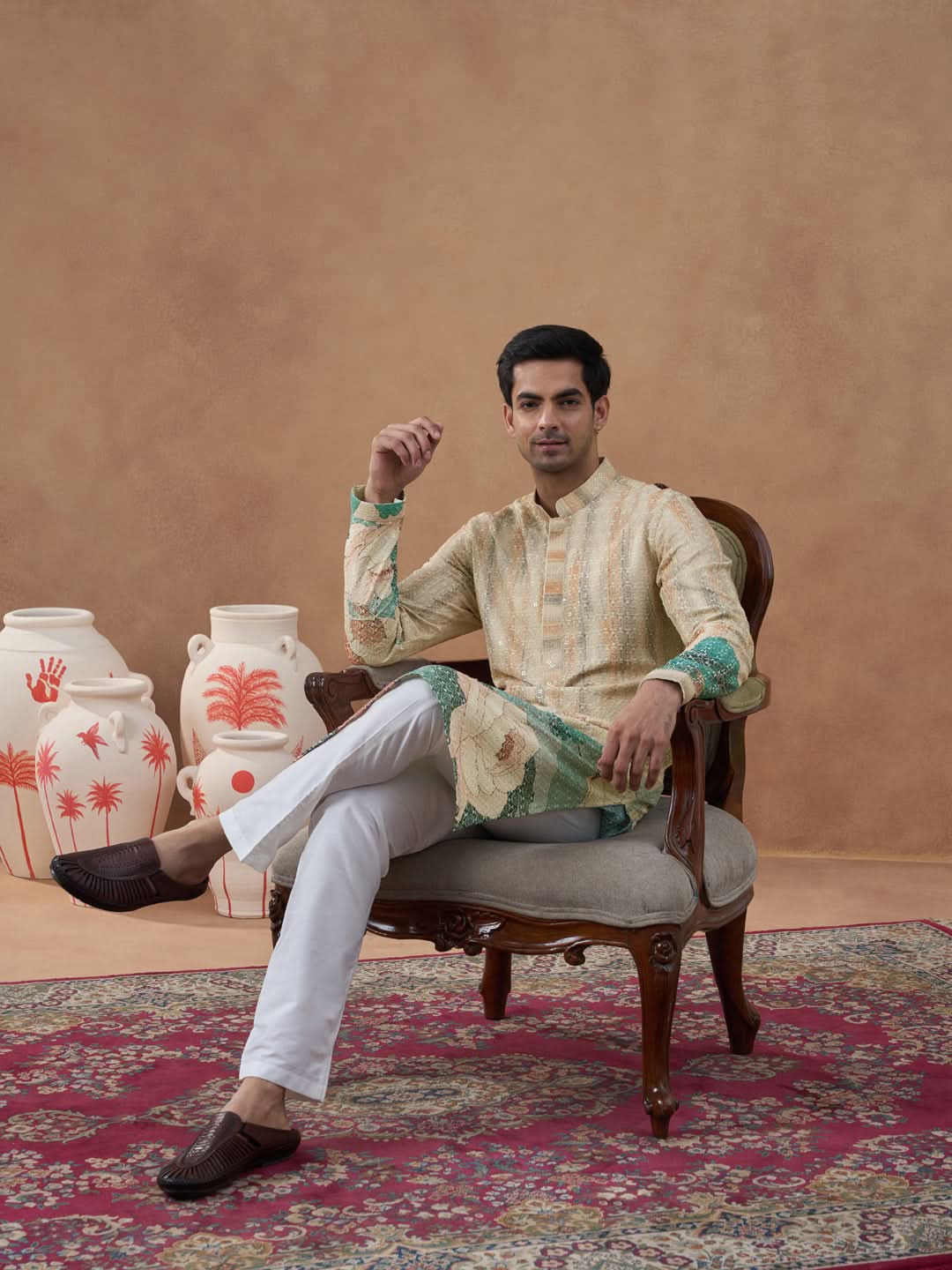 Cream Floral Printed Chikankari Kurta Set