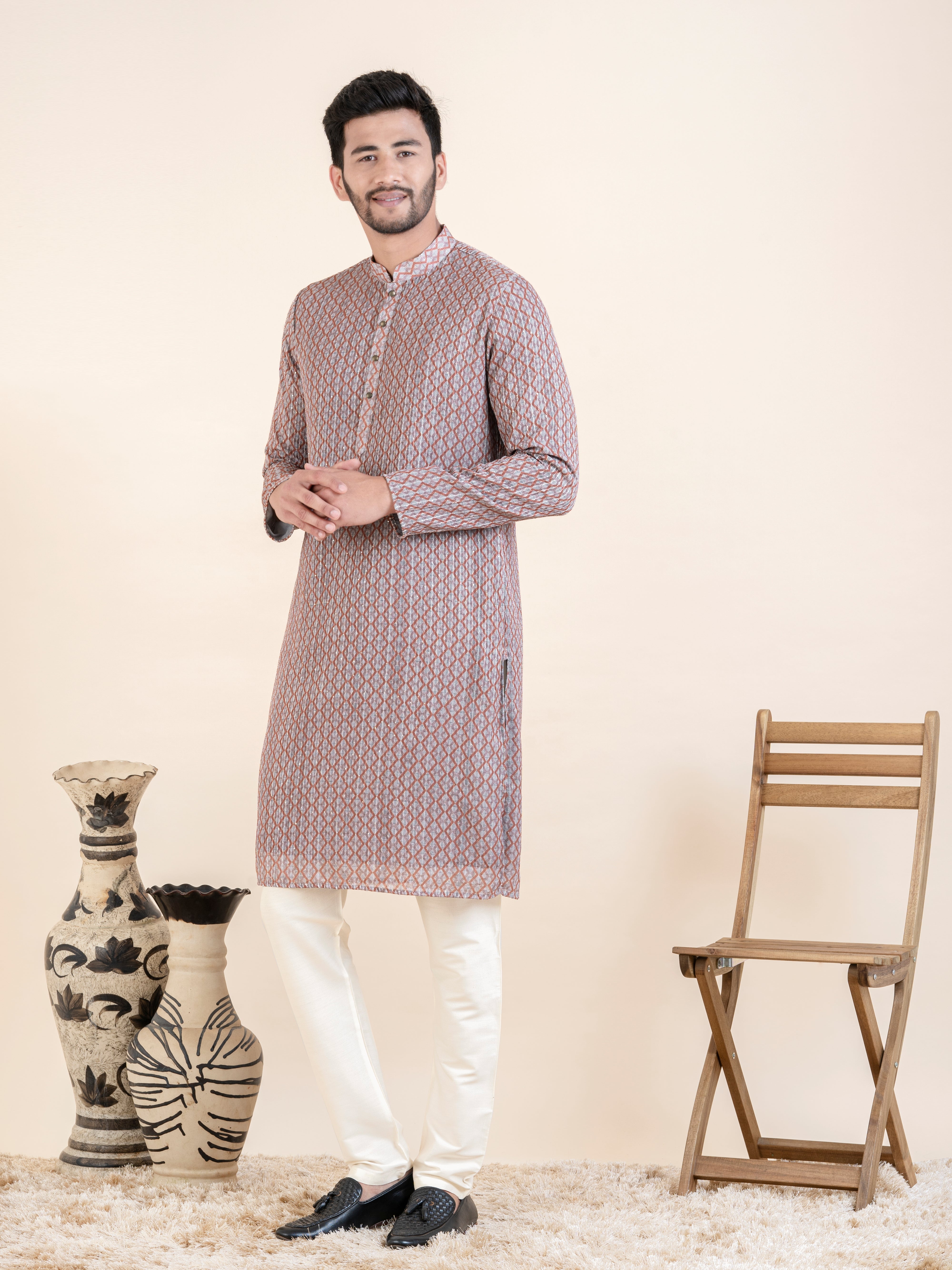 Grey Rust Printed Kurta Set