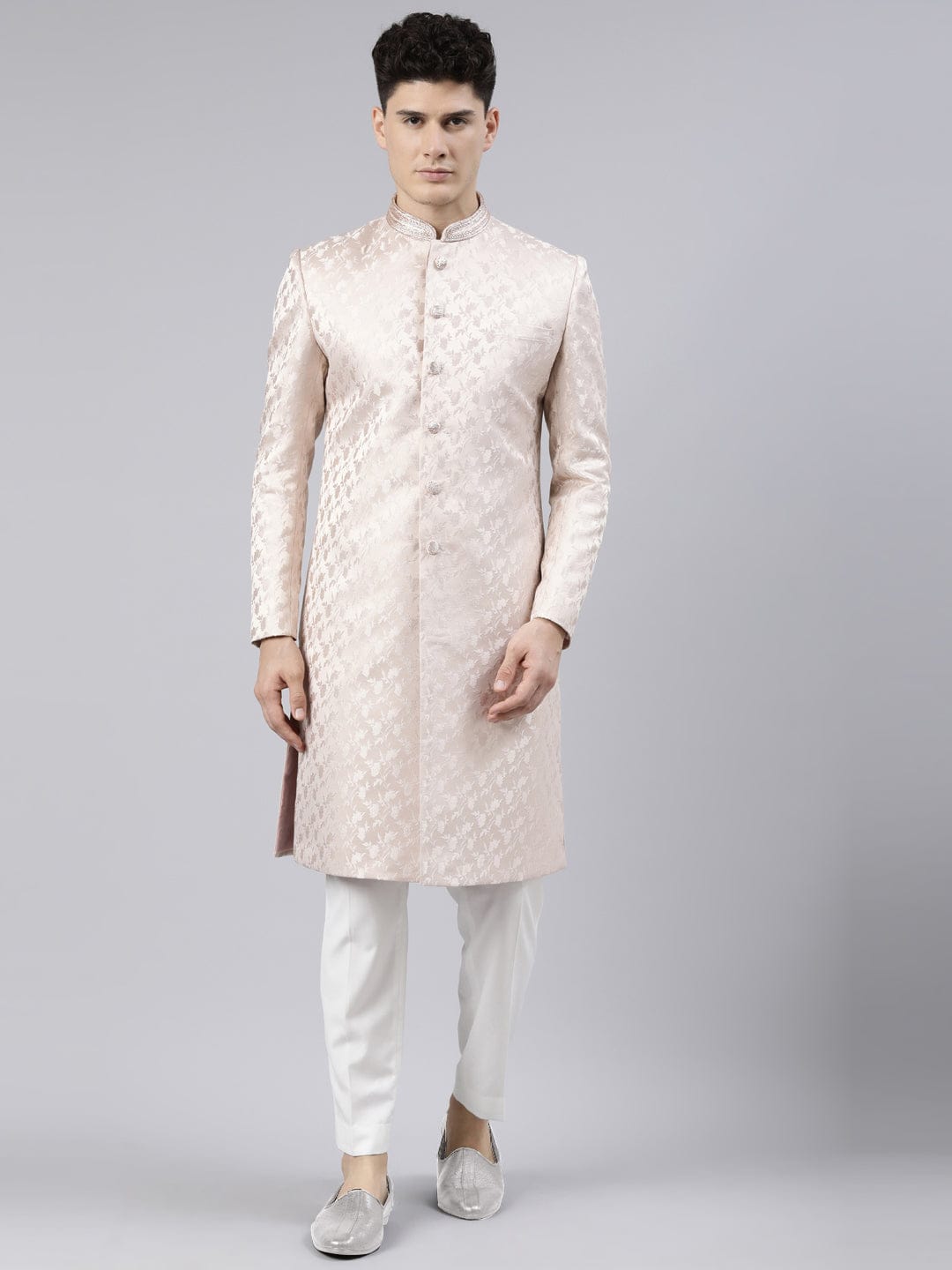Peach Jacquard Achkan