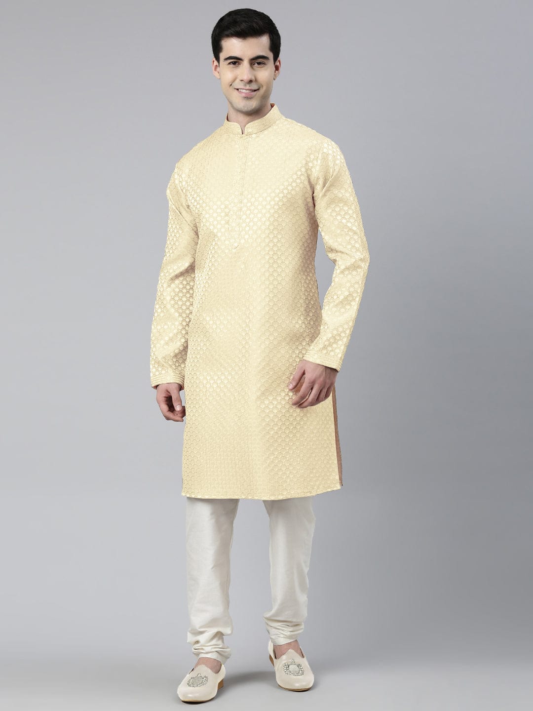 Cream Scallop Premium Self- Design Kurta Set