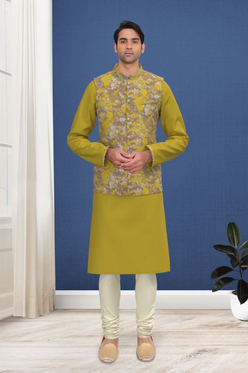 Yellow Floral Jacquard Jacket With Mustard Kurta