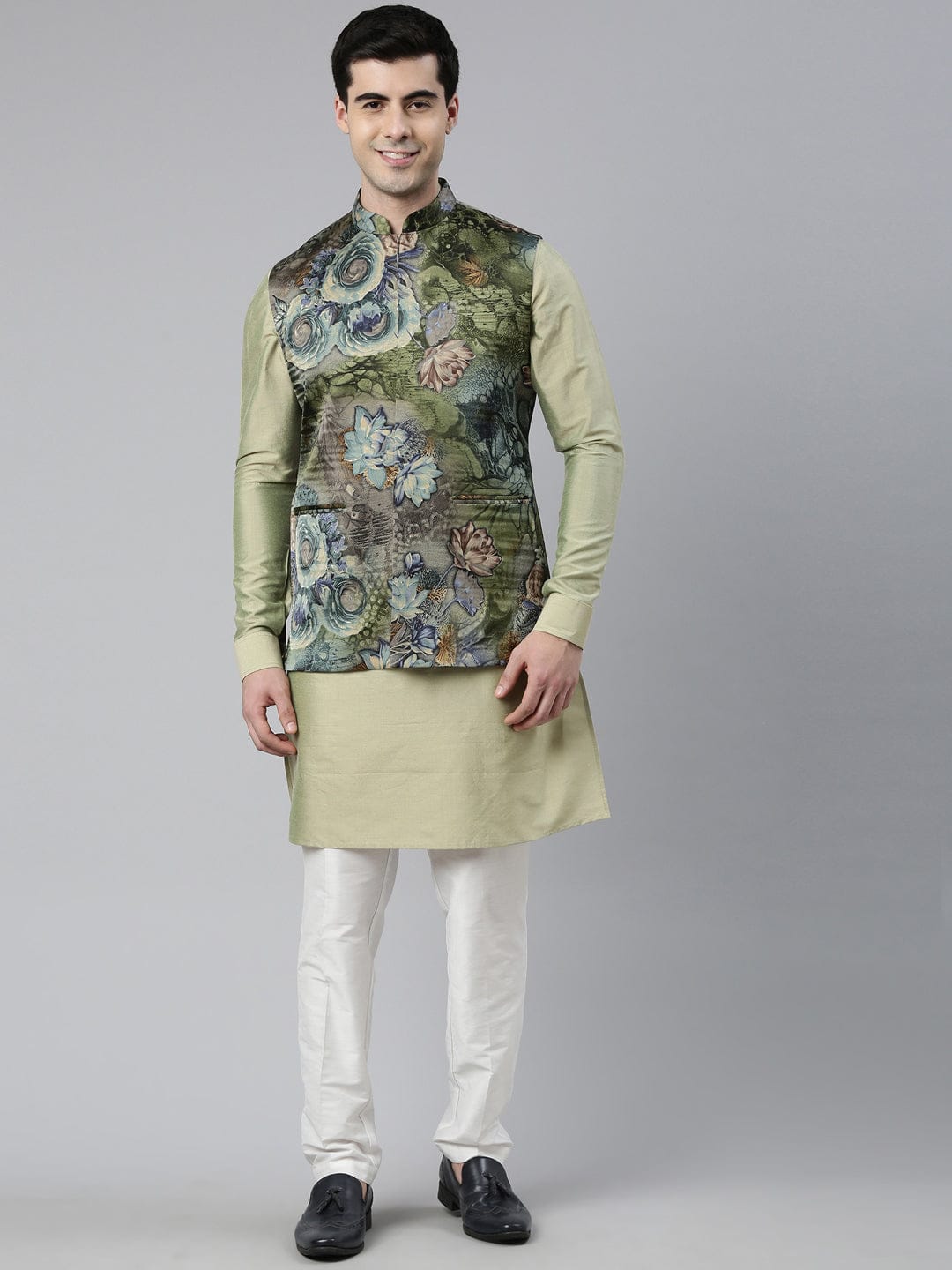 Floral Print Jacket With Green Short Kurta