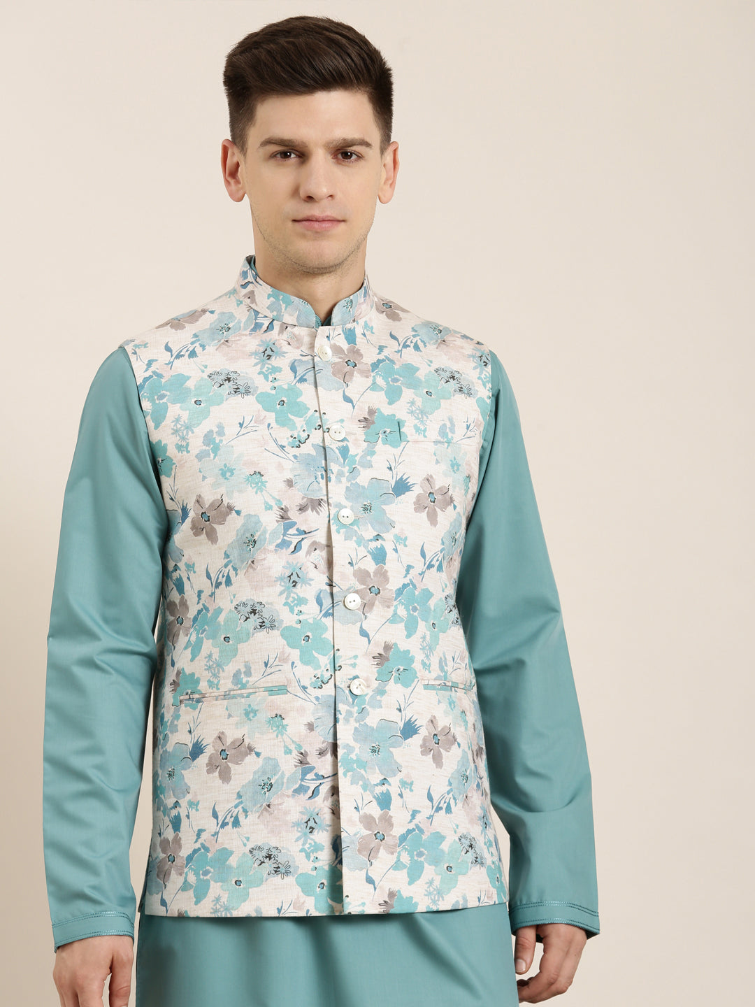 Beige Linen Printed Jacket