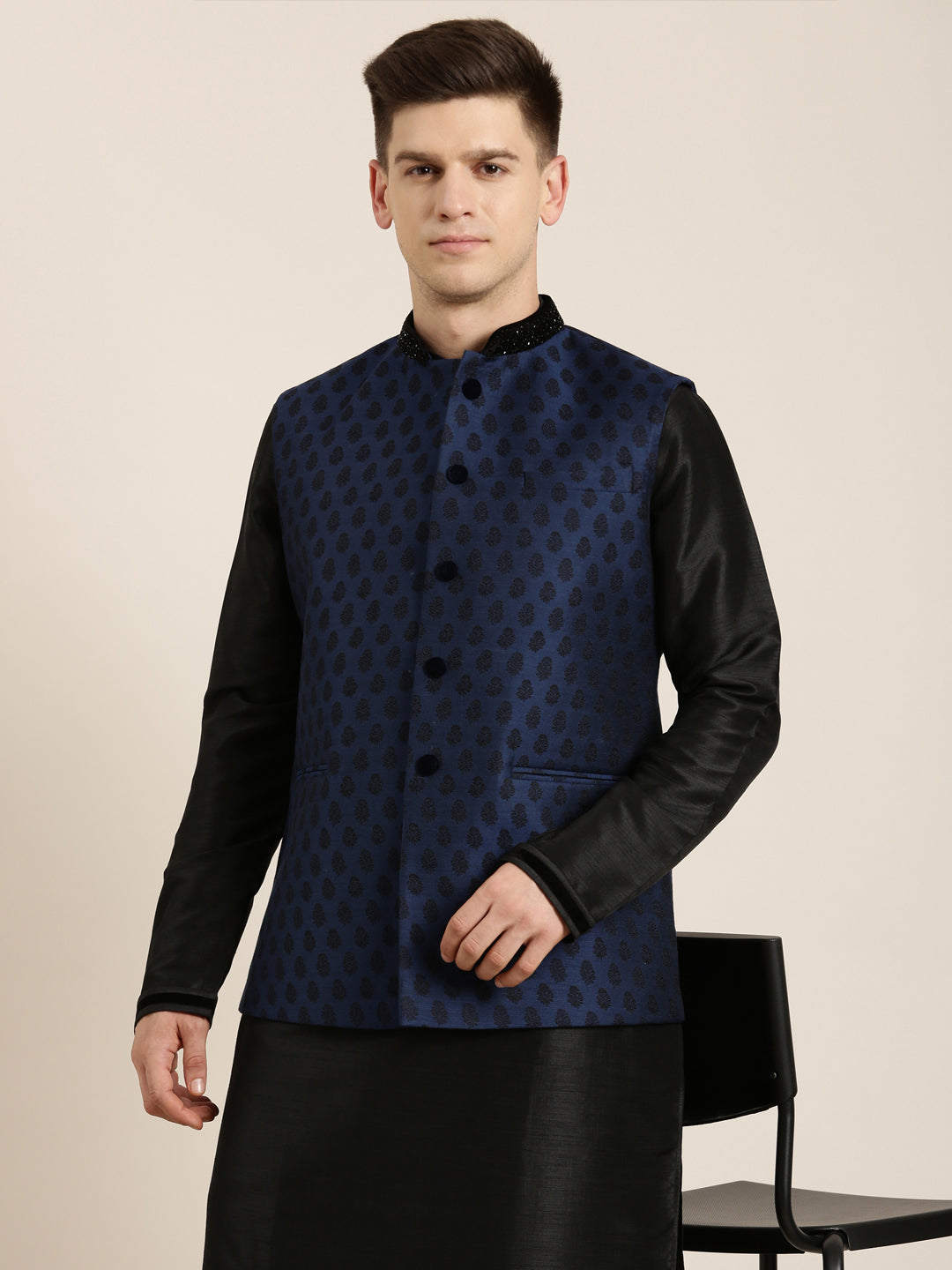 Navy Jacquard Black Booti Jacket