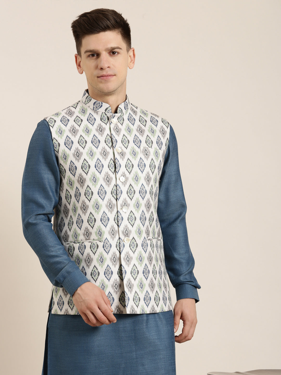 Cream Linen Printed Jacket