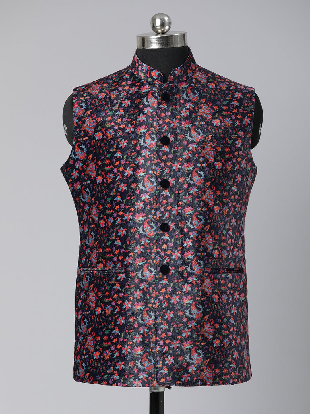 Midnight Blue Velvet Pashmina Printed Jacket